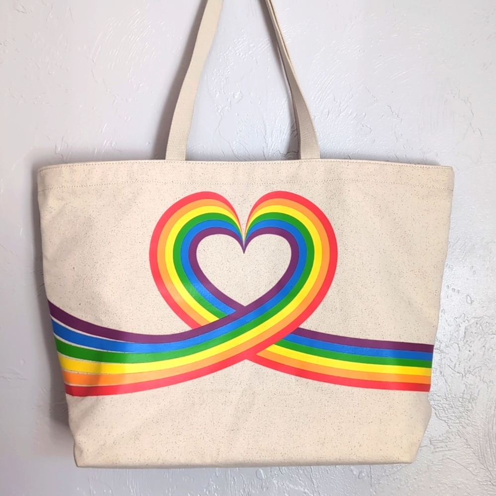 HOBO Beige Tote with Rainbow Heart Design